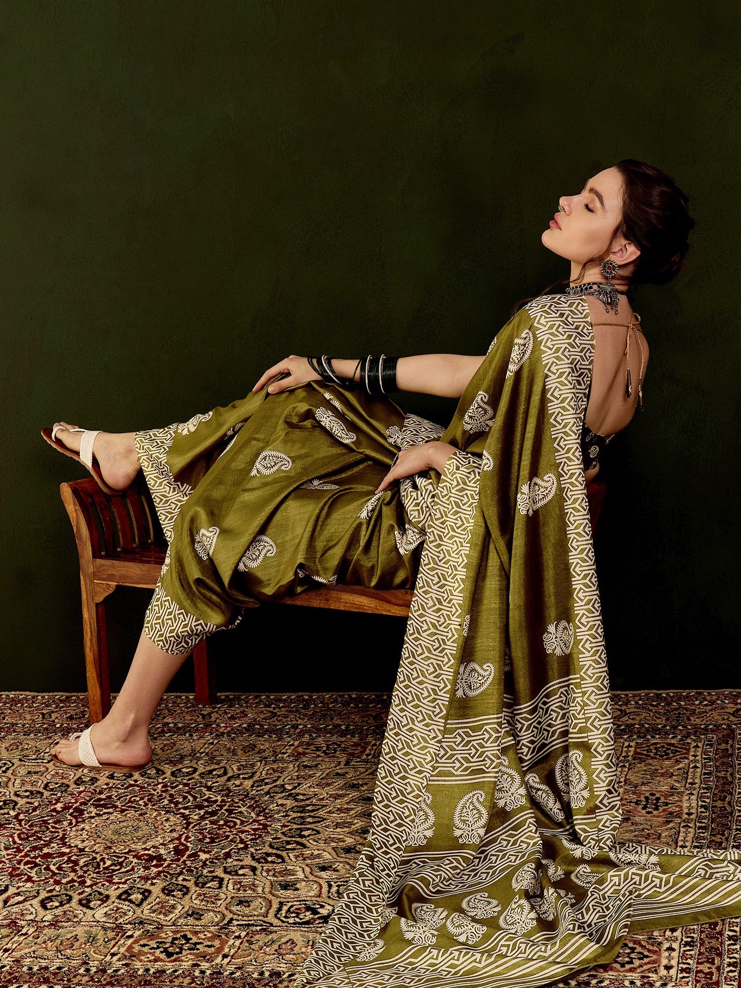NOZ2TOZ Women's Cotton Blend Olive Printed Designer Saree With Blouse Piece - Distacart