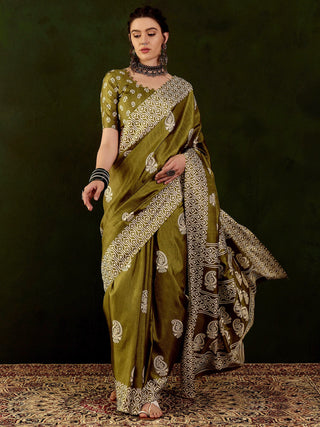 NOZ2TOZ Women's Cotton Blend Olive Printed Designer Saree With Blouse Piece - Distacart