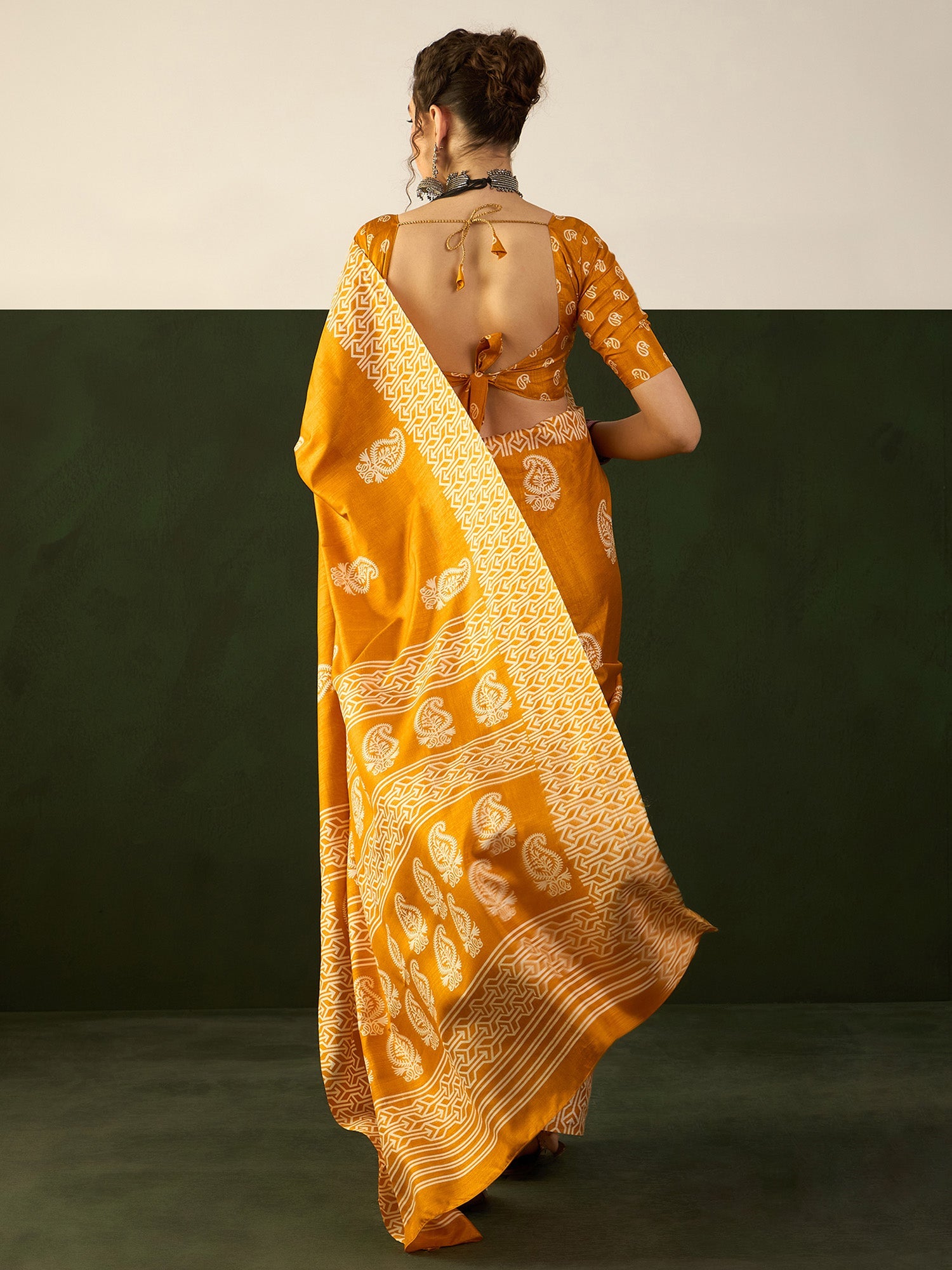 NOZ2TOZ Women's Cotton Blend Mustard Printed Designer Saree With Blouse Piece - Distacart