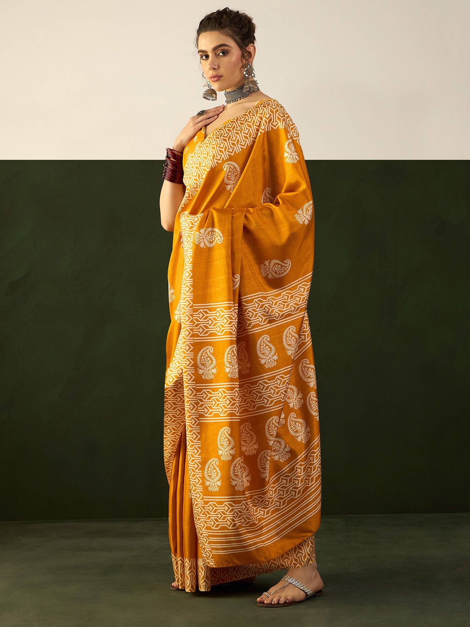 NOZ2TOZ Women's Cotton Blend Mustard Printed Designer Saree With Blouse Piece - Distacart