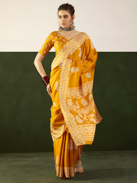 NOZ2TOZ Women's Cotton Blend Mustard Printed Designer Saree With Blouse Piece - Distacart