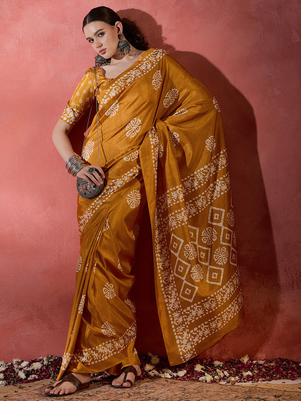 NOZ2TOZ Women's Cotton Blend Mustard Printed Designer Saree With Blouse Piece - Distacart