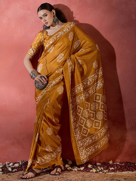 NOZ2TOZ Women's Cotton Blend Mustard Printed Designer Saree With Blouse Piece - Distacart