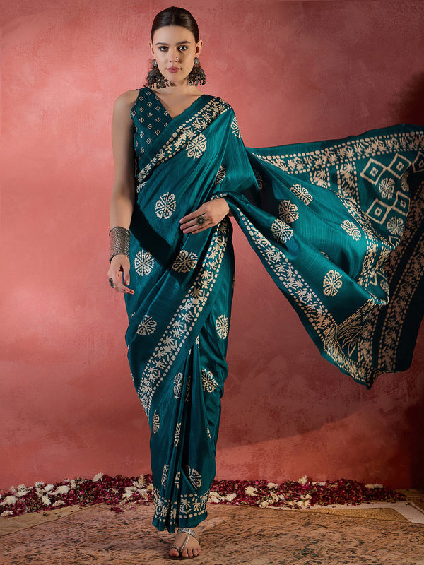 NOZ2TOZ Women's Cotton Blend Blue Printed Designer Saree With Blouse Piece - Distacart