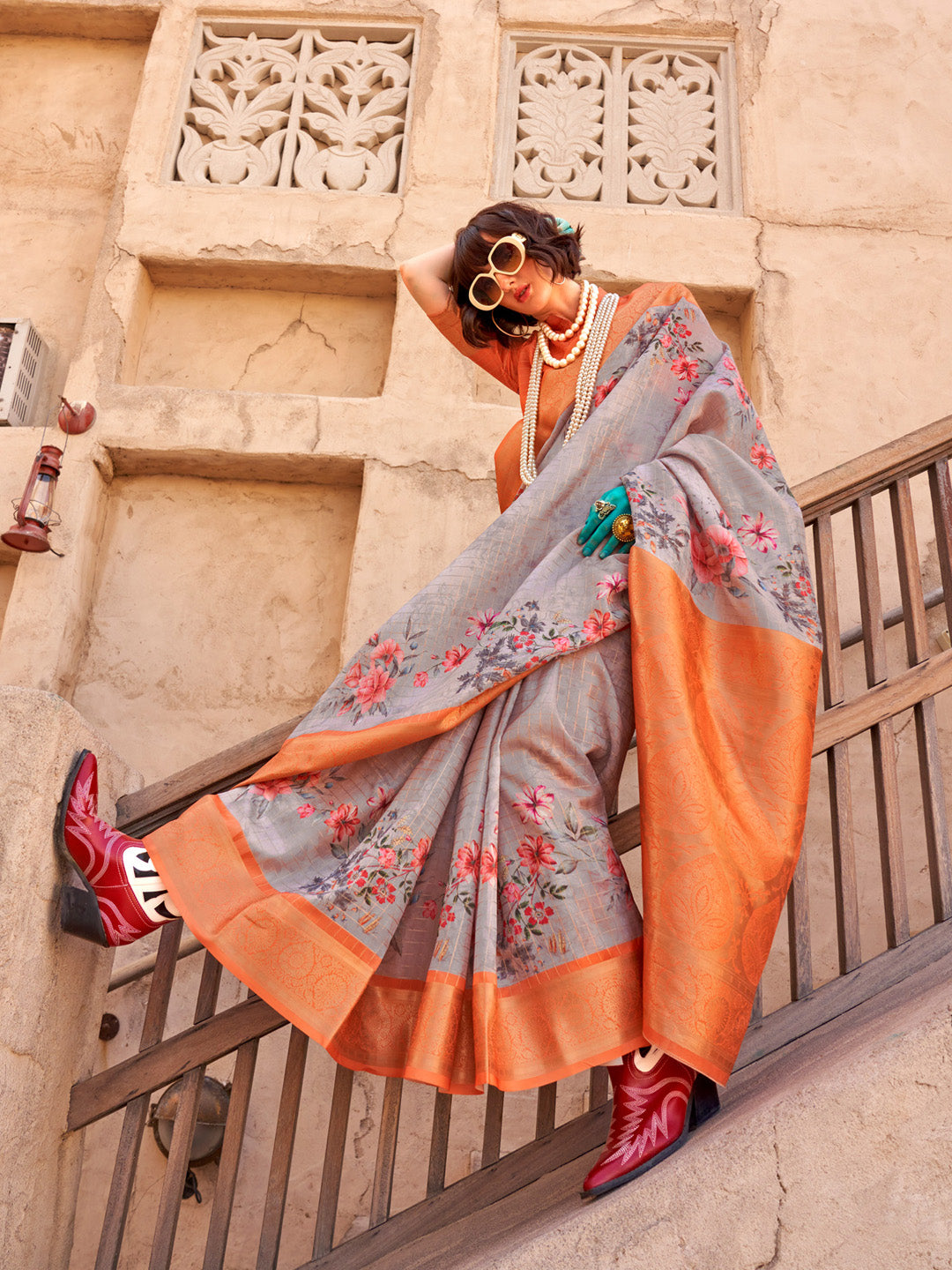 NOZ2TOZ Women's Georgette Orange Woven Design Designer Saree With Blouse Piece - Distacart