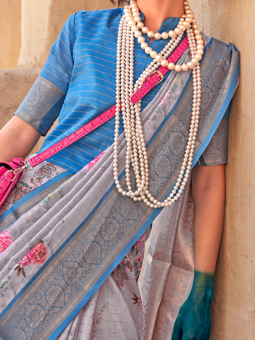 NOZ2TOZ Women's Georgette Blue Woven Design Designer Saree With Blouse Piece - Distacart