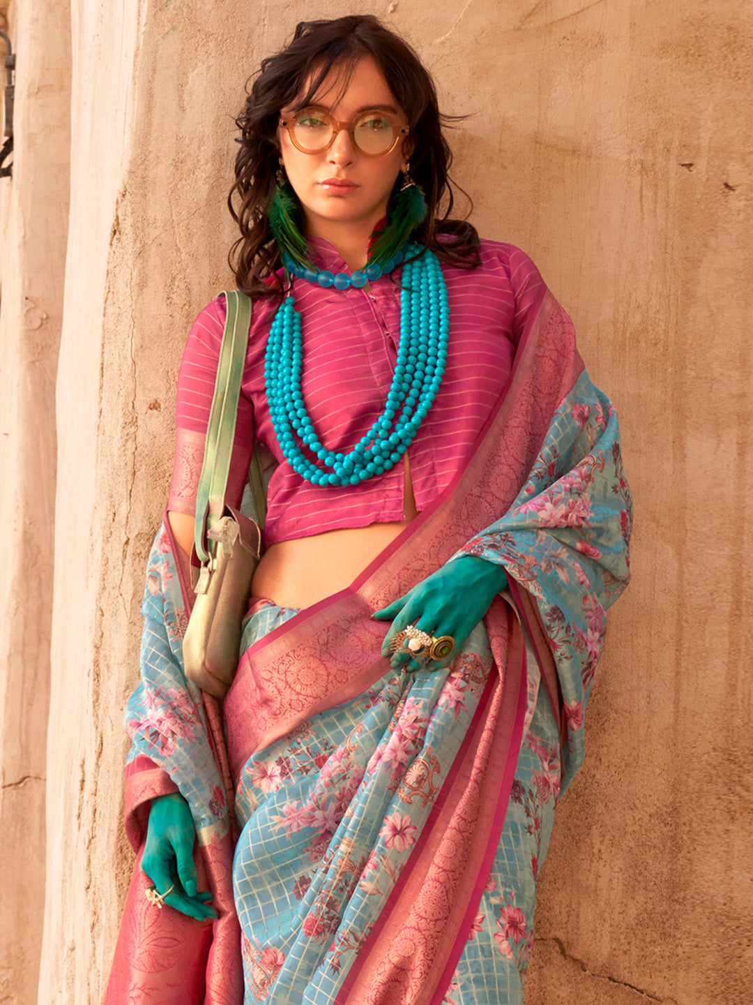 NOZ2TOZ Women's Georgette Pink Woven Design Designer Saree With Blouse Piece - Distacart