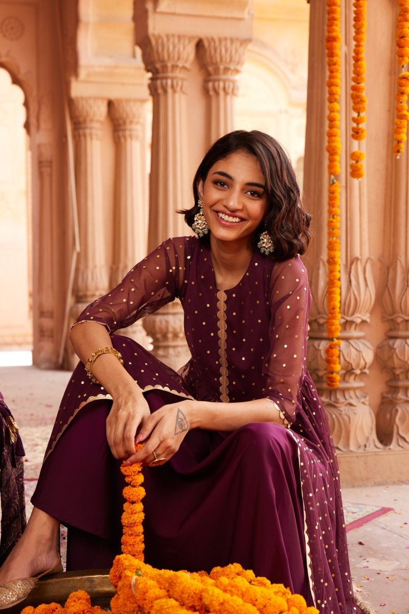 Ahalyaa Women Burgundy Polka Dots Fit & Flare Maxi Ethnic Dress - Distacart