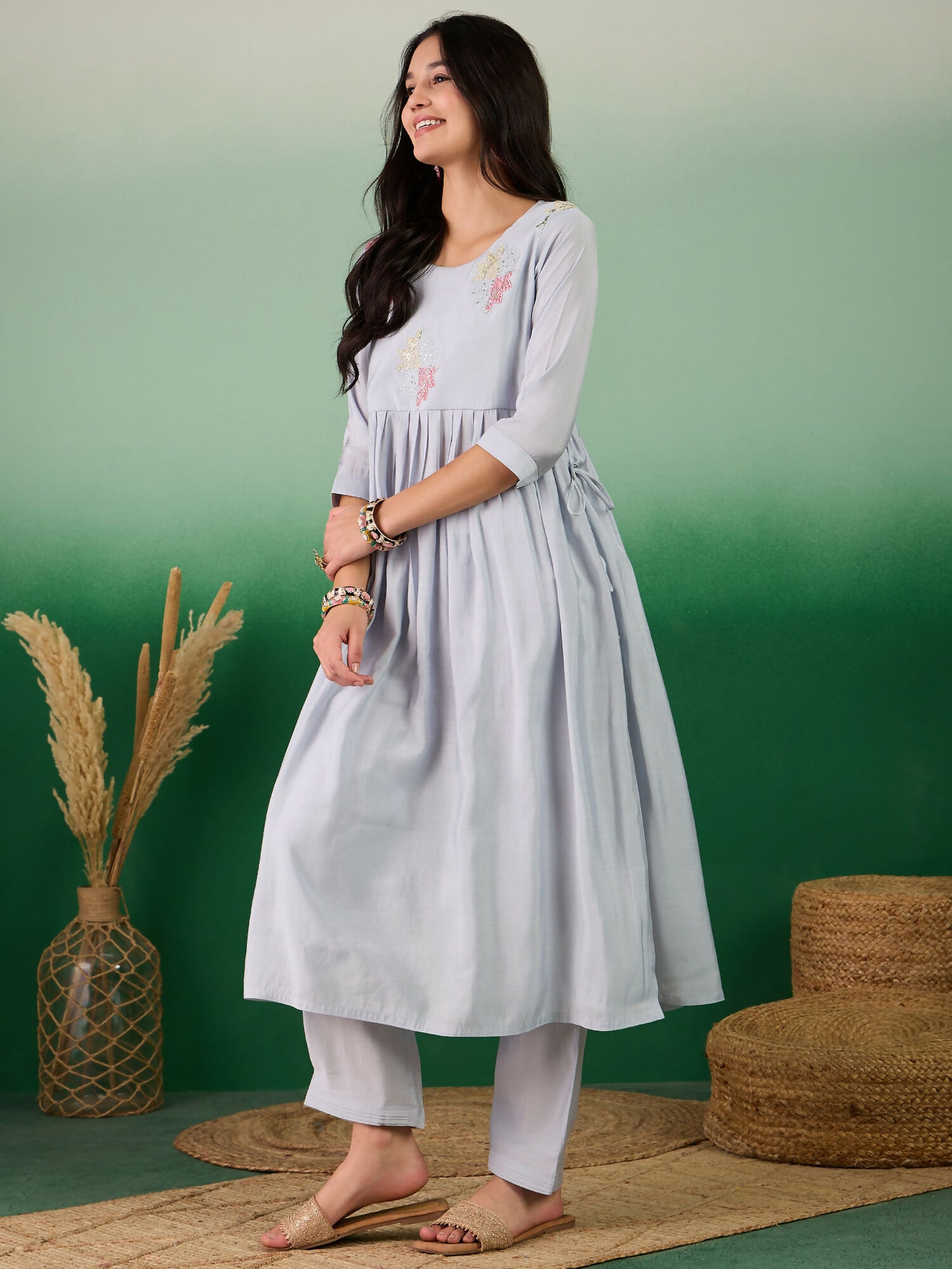 Blue Embroidered Muslin Kurta and Trouser - Berlin - Distacart
