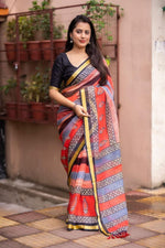 Thumbnail for Red Silk Blend Geometric Saree with Unstitched Blouse - A2M
