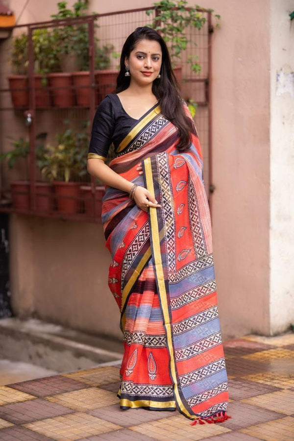 Red Silk Blend Geometric Saree with Unstitched Blouse - Hiral Fashion - Distacart