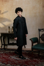 Thumbnail for Falling Raw Silk Black Kajal Phool Kurta Set By Hilo Design