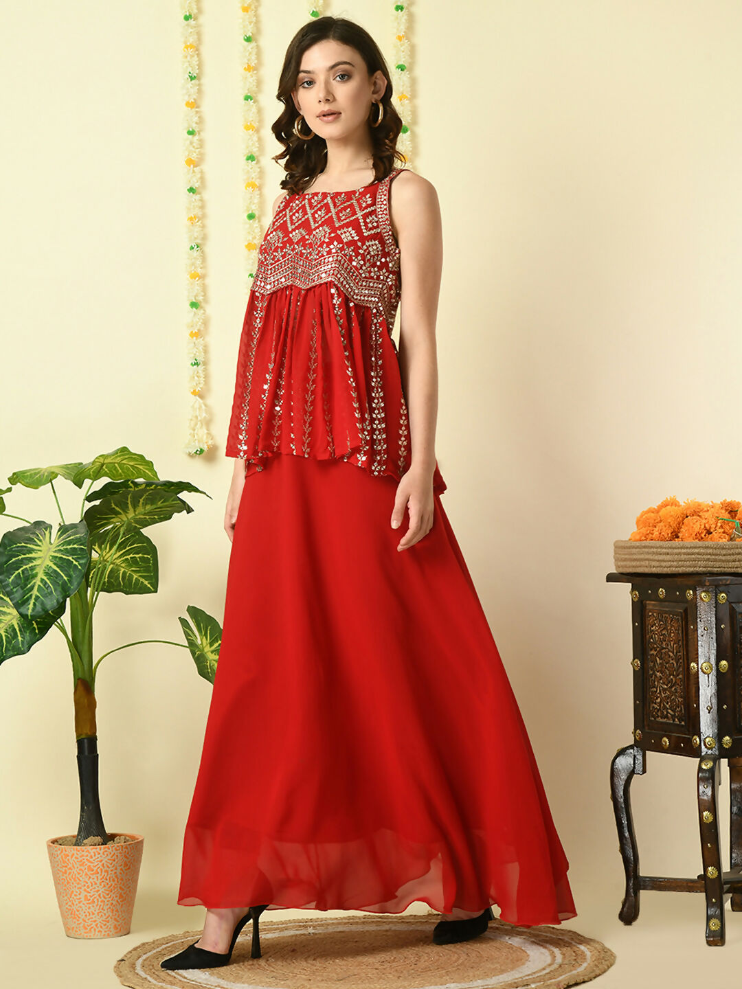 Myshka Women's Red Georgette Top With Skirt Party Sets - Distacart