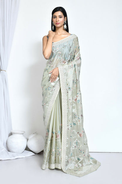 Green Satin Silk Sequence Embroidered With Stone Work Festive Saree - Nimaya Denzy - Distacart