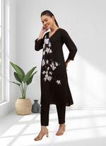 Thumbnail for Joban Fashion Black Linen Embroidered Readymade Long Kurta With Pant - Distacart