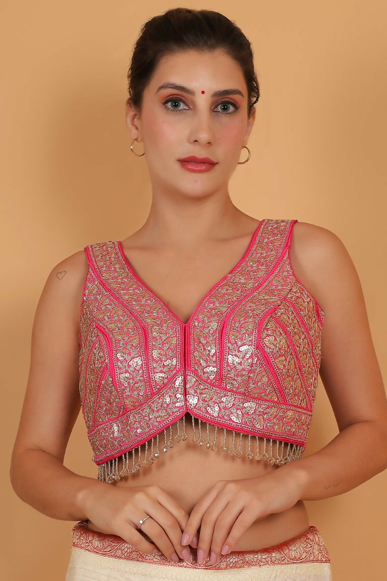 Joban Fashion Silk Zari And Sequence Work Padded Blouse - Hot Pink