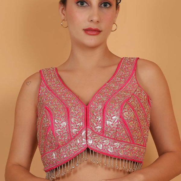 Joban Fashion Silk Zari And Sequence Work Padded Blouse - Hot Pink