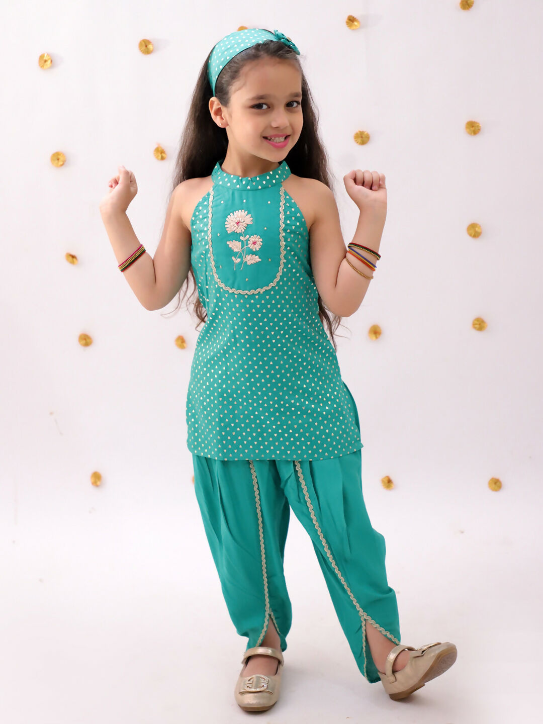 Lil Drama Khilkhilahat Green Kurta Dhoti Set For Girls