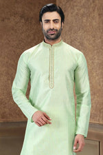 Thumbnail for Raivat Ethnic Jacquard Art Silk Thread Work Kurta Pajama In Pista Green Colour - Distacart