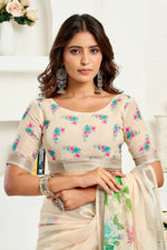 Thumbnail for Vastranavya Cream Digital Printed Linen Ready To Wear Designer Saree with Unstitched Blouse - Distacart
