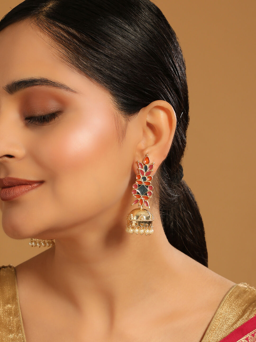 Nuyug 22K Gold-Plated Enamel & Beaded Dome Shaped Jhumka Earrings