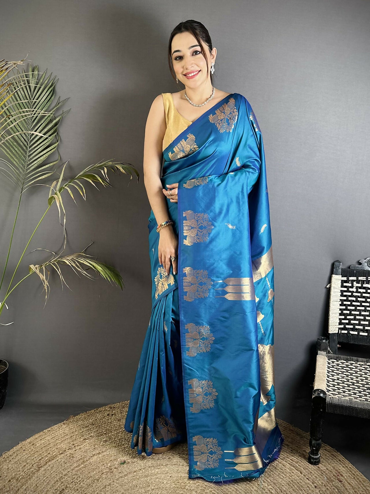 Joban Fashion Blue Motifs Zari Weaving Soft Silk Banarasi Saree - Dista