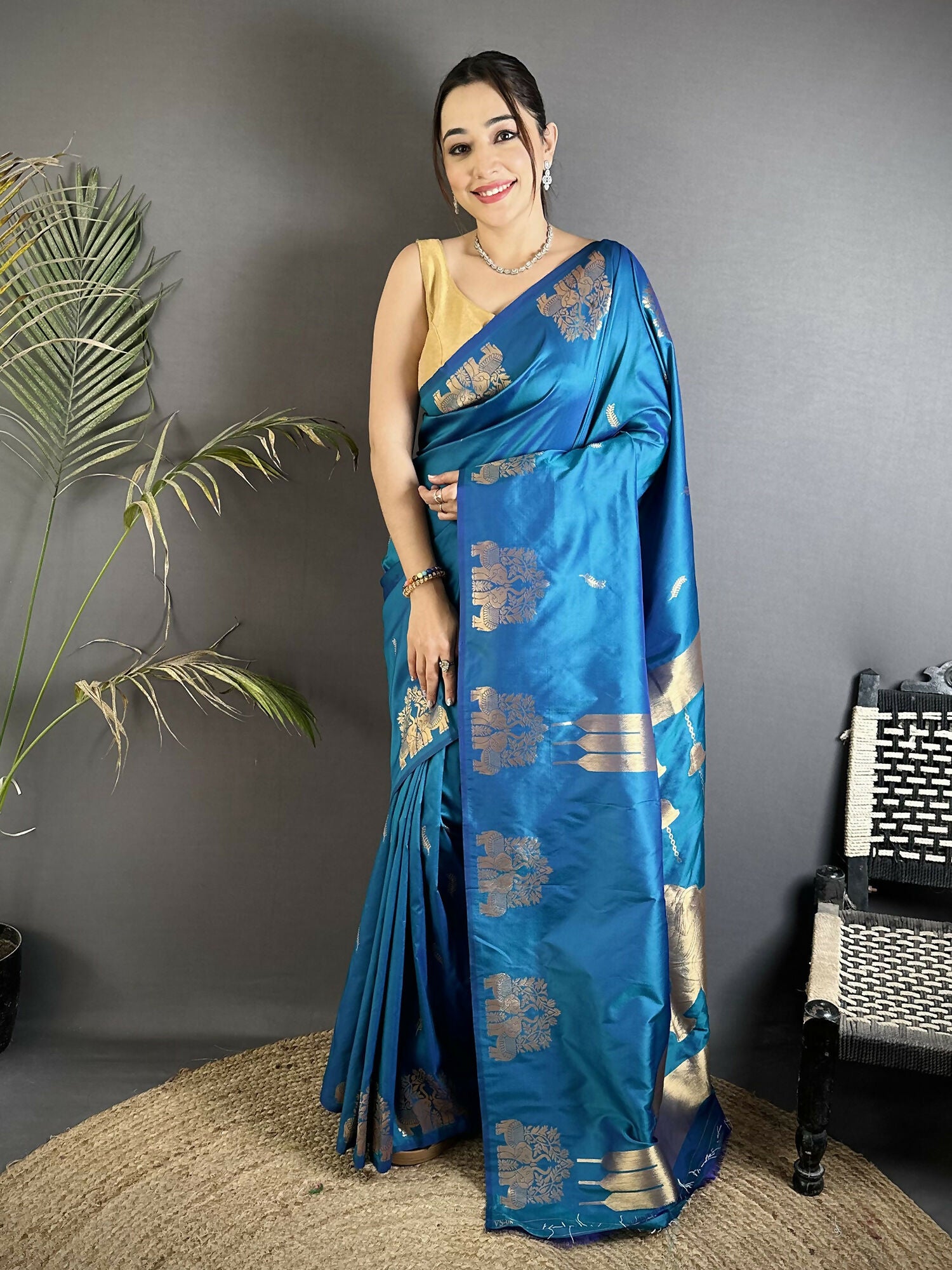 Joban Fashion Blue Motifs Zari Weaving Soft Silk Banarasi Saree - Dista