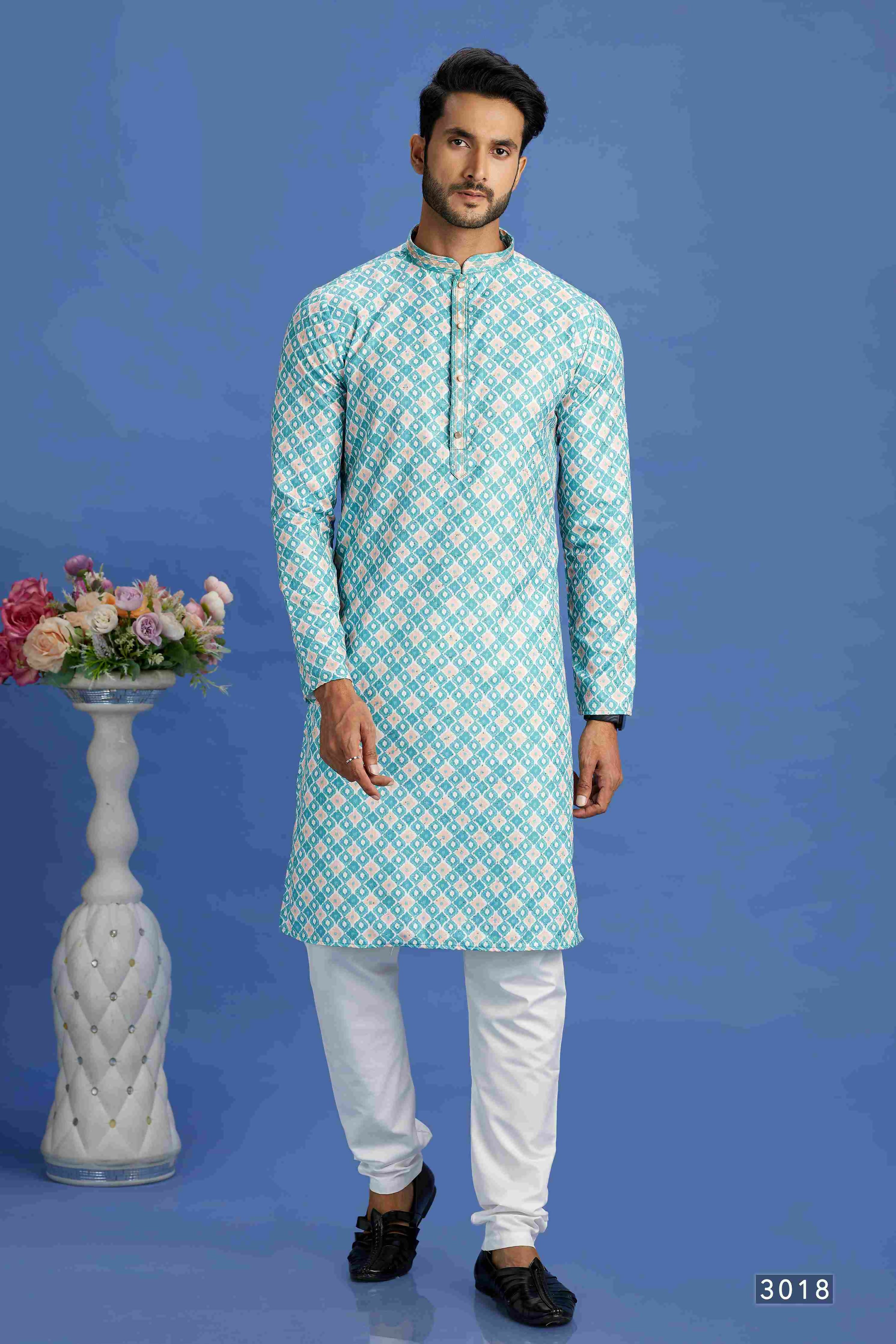 Raivat Ethnic Cotton Embroidery Kurta Pajama In Teal Green Colour - Dista