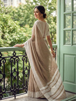 Thumbnail for Shree Shyam Fashion Lite Brown Linen Saree - Distacart