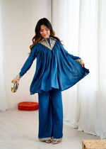Thumbnail for Teeya Creation Blue Heavy Chinnon Silk Embroidery Work Plazo pair