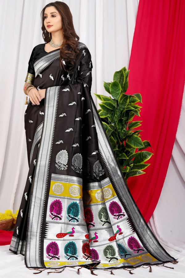 Jyoti Fashion Women's Black Paithani Silk Zari Woven Saree with Blouse - Distacart
