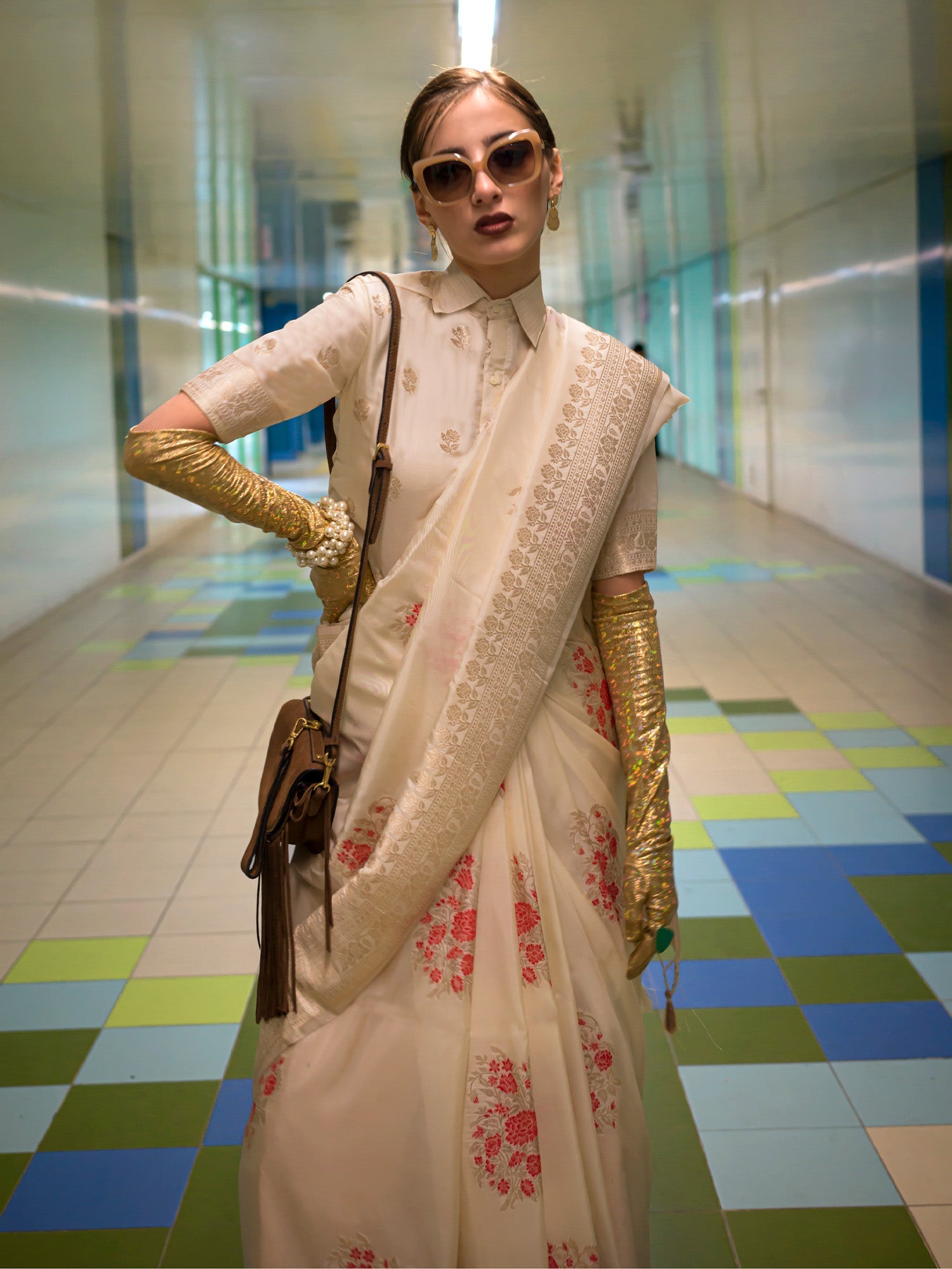 NOZ2TOZ Women's Silk Blend Cream Woven Design Designer Saree With Blouse Piece - Distacart