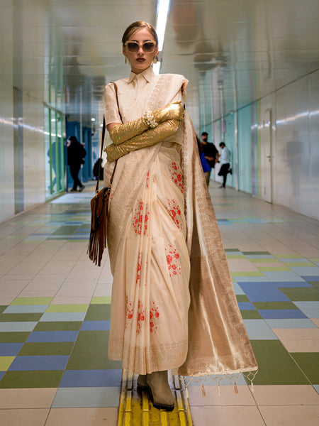 NOZ2TOZ Women's Silk Blend Cream Woven Design Designer Saree With Blouse Piece - Distacart