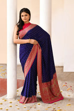 Thumbnail for Joban Fashion Navy Blue Crepe Chiffon Pure Handloom Banarasi Silk Saree