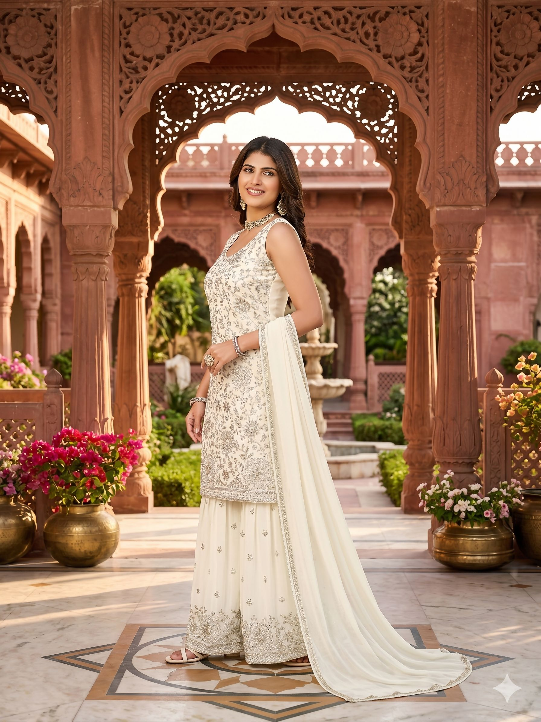 Teeya Creation Womens New Designer Georgette White Embroidered Sharara Set With Sequence Work And Lace Border Dupatta - Dista