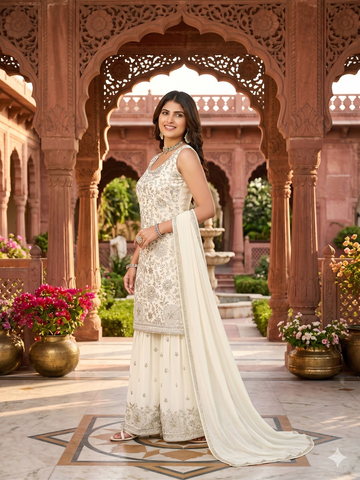 Teeya Creation Womens New Designer Georgette White Embroidered Sharara Set With Sequence Work And Lace Border Dupatta - Dista