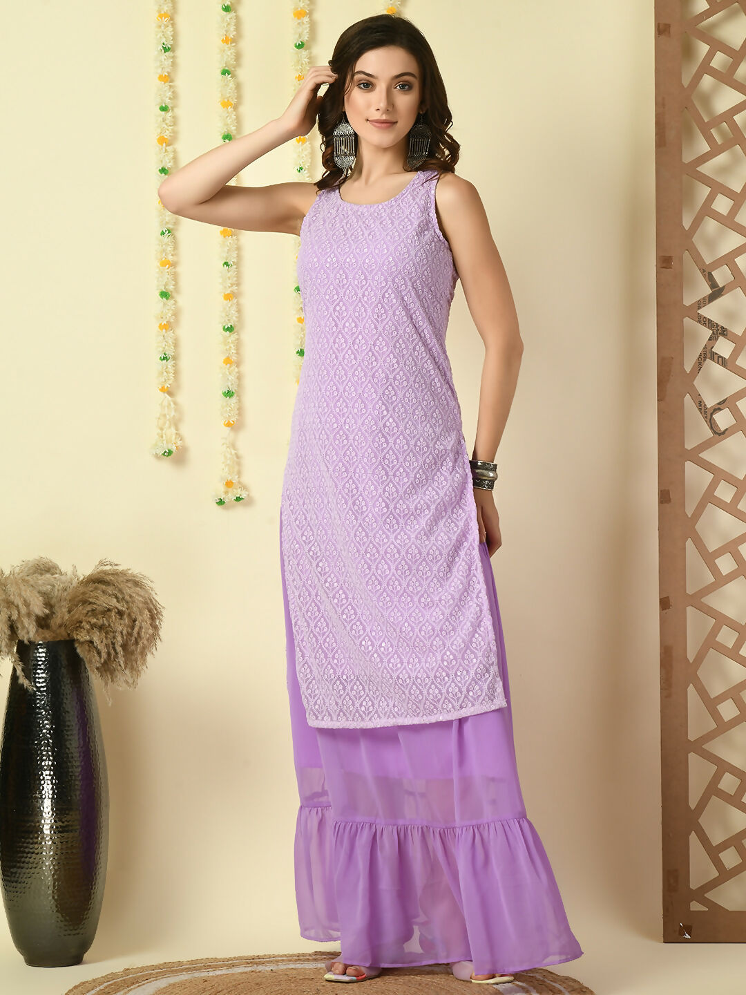 Myshka Women's Purple Georgette Kurta & Skirt With Dupatta Party Sets - Distacart
