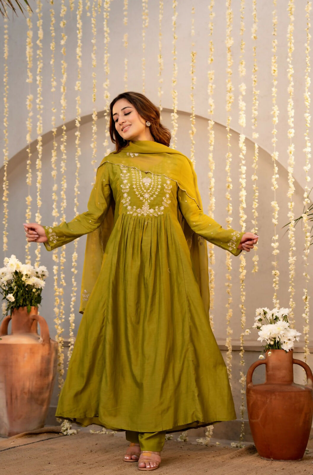 The52 Women's Beautiful Embroidery Work Chanderi Silk Fabric Flared Kurta Pant and Dupatta Set - Dista