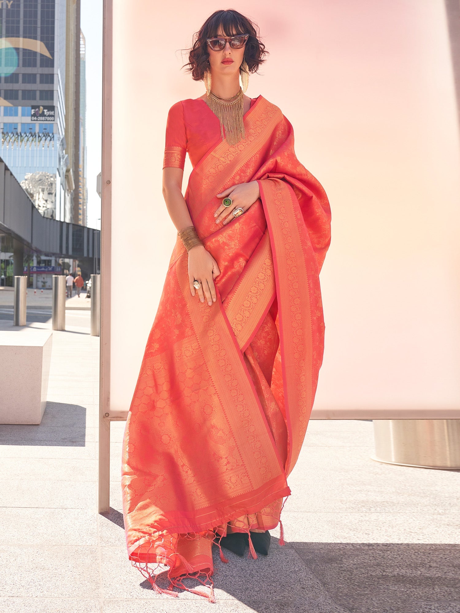 NOZ2TOZ Women's Kanjeevaram Silk Peach Woven Design Designer Saree With Blouse Piece - Distacart