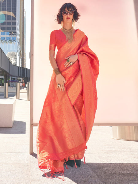 NOZ2TOZ Women's Kanjeevaram Silk Peach Woven Design Designer Saree With Blouse Piece - Distacart