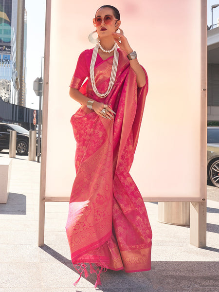 NOZ2TOZ Women's Kanjeevaram Silk Pink Woven Design Designer Saree With Blouse Piece - Distacart