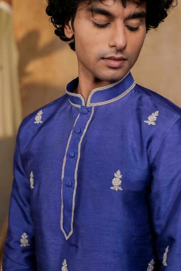 Falling Raw Silk Dark Blue Silver Stitches Kurta Set By Hilo Design - Distacart
