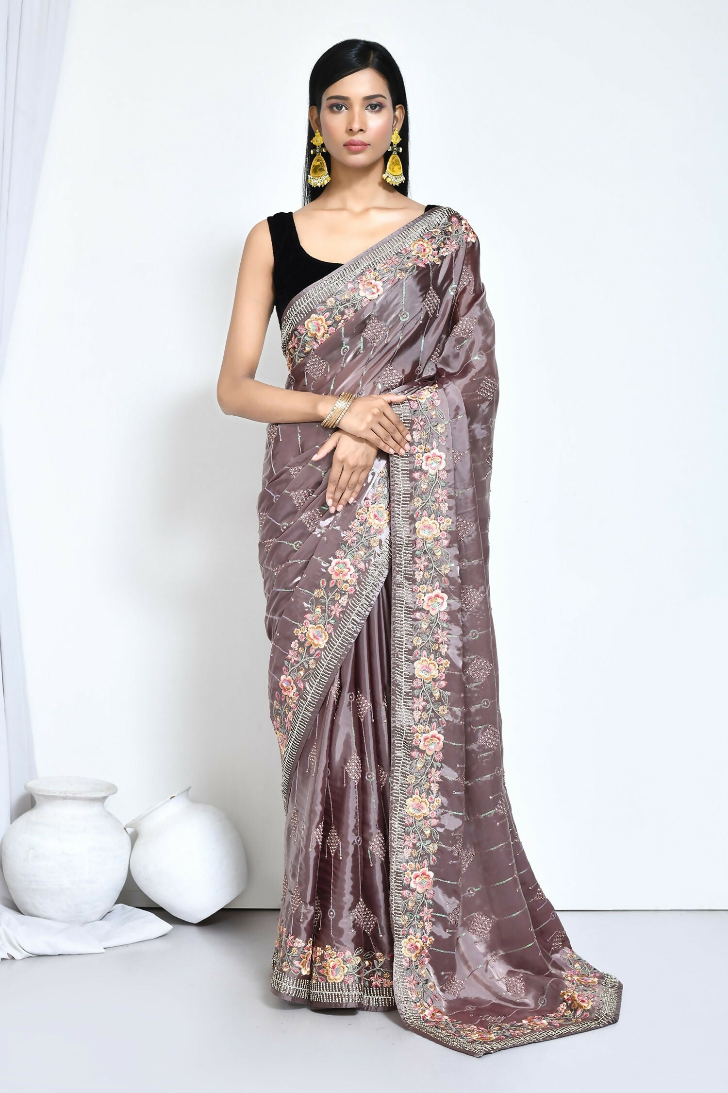 Purple Satin Silk Sequence Embroidered with Stone work Saree - Nimaya Benzy - Distacart