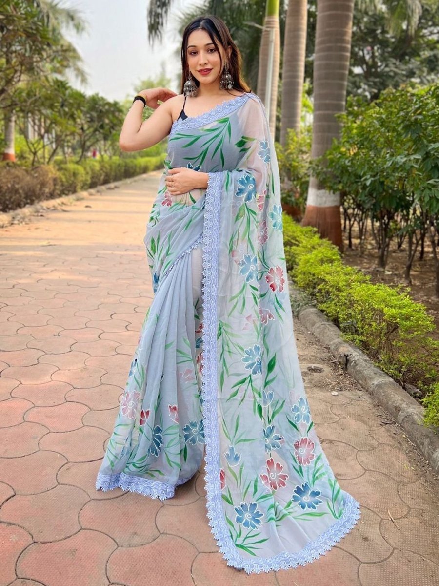 Anouk Floral Printed Embroidered Saree - Distacart