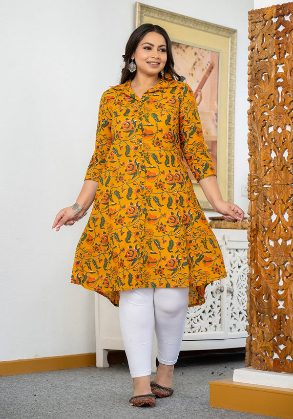 Kaajh Women's Yellow Floral Printed Plus Size Cotton Kurta - Distacart