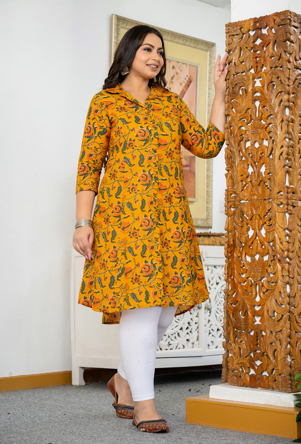 Kaajh Women's Yellow Floral Printed Plus Size Cotton Kurta - Distacart