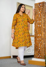 Thumbnail for Kaajh Women's Yellow Floral Printed Plus Size Cotton Kurta - Distacart