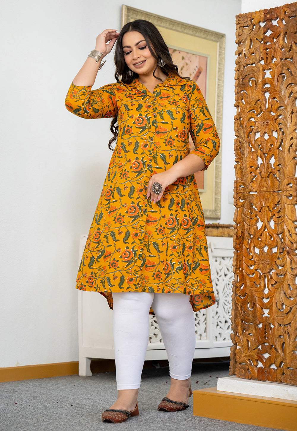 Kaajh Women's Yellow Floral Printed Plus Size Cotton Kurta - Distacart