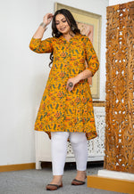 Thumbnail for Kaajh Women's Yellow Floral Printed Plus Size Cotton Kurta - Distacart