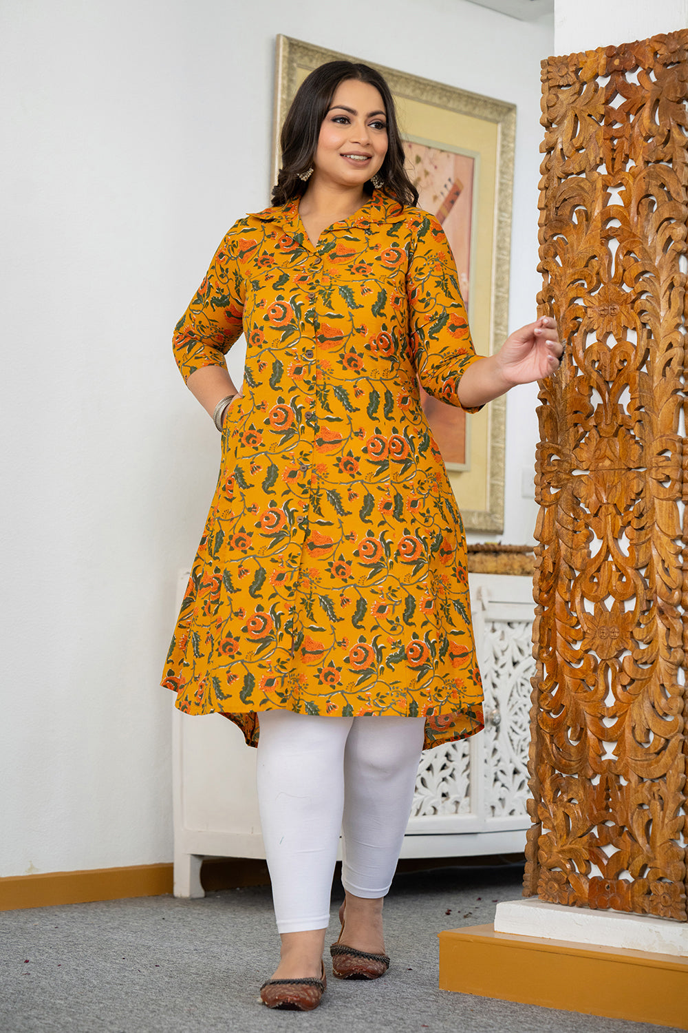 Kaajh Women's Yellow Floral Printed Plus Size Cotton Kurta - Distacart